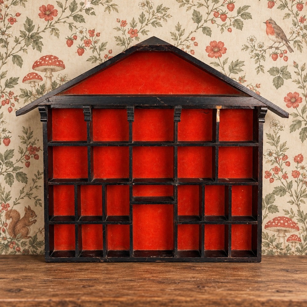 Vintage Wooden House Shadow Box Display Case Red Felt Lined Wall Shelf 21 Slots